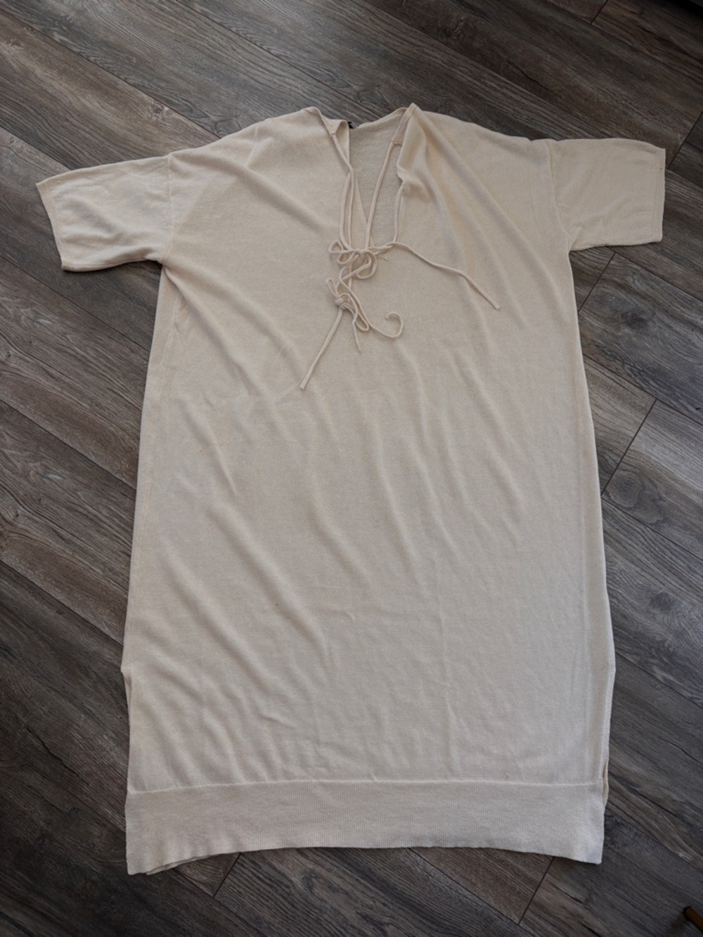 Zara Cream Knit 3/4 Sleeve Dress with Tie Neck